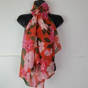 Women's Semi Sheer Floral Fall Scarf Orange Pink‎ Flowers Rectangle